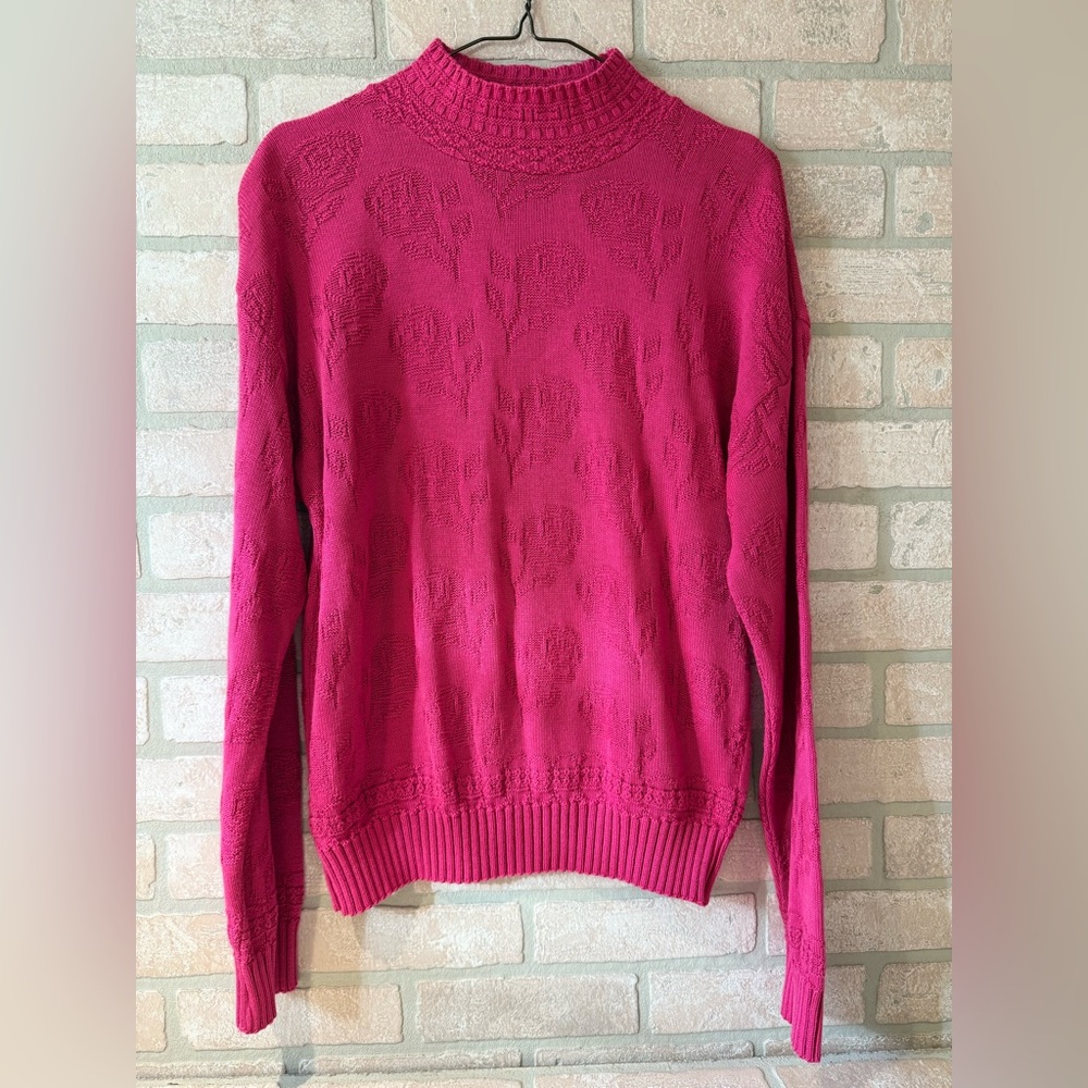 Vintage Pink Fuchsia Rose Floral Mock Neck Sweater
